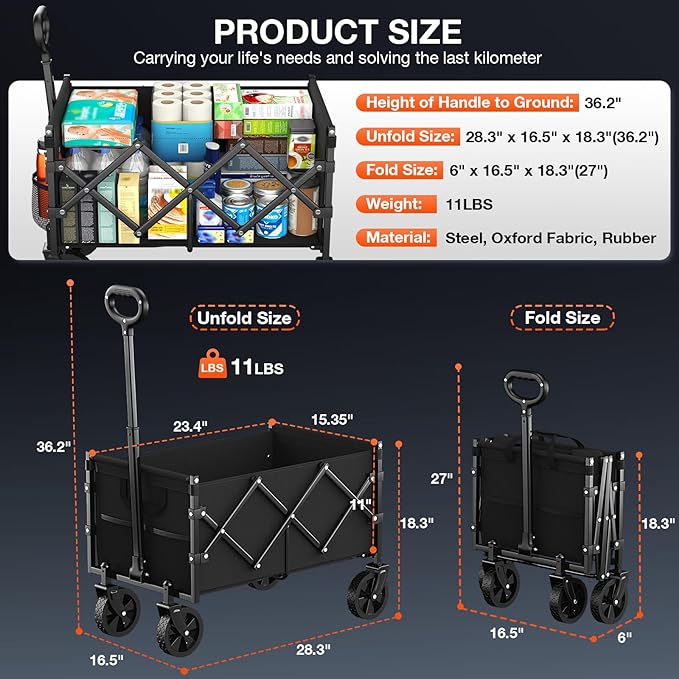 Foldable Wagon with Wheels, Portable Heavy Duty Collapsible Beach Cart - Large Capacity Utility Wagon for Shopping, Sports, Camping,Garden,Grocery - Black