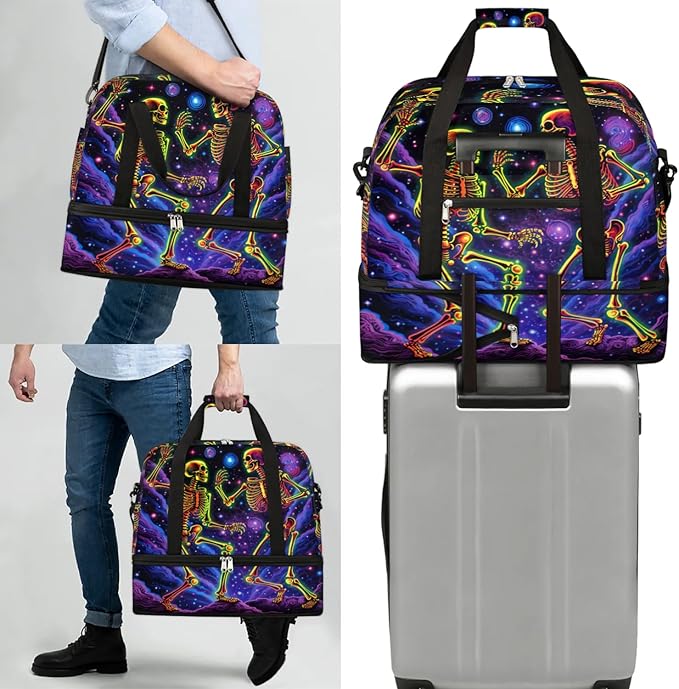 cfpolar Woman Travel Duffel Bag Cosmic Galaxy Skull Foldable Tote Carry On Luggage Sports Gym Bag With Shoe Compartment Overnight Weekend Yoga Workout Bag Training Handbag