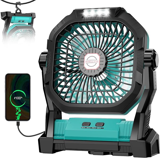Camping Fan Rechargeable, 20000mAh Battery Powered Portable Fan with LED Light, 4-Speed 180° Adjustable, Camping Essentials for Tent, Travel, Car, Outdoor, Indoor, BBQ, Fishing, Jobsite - Blue