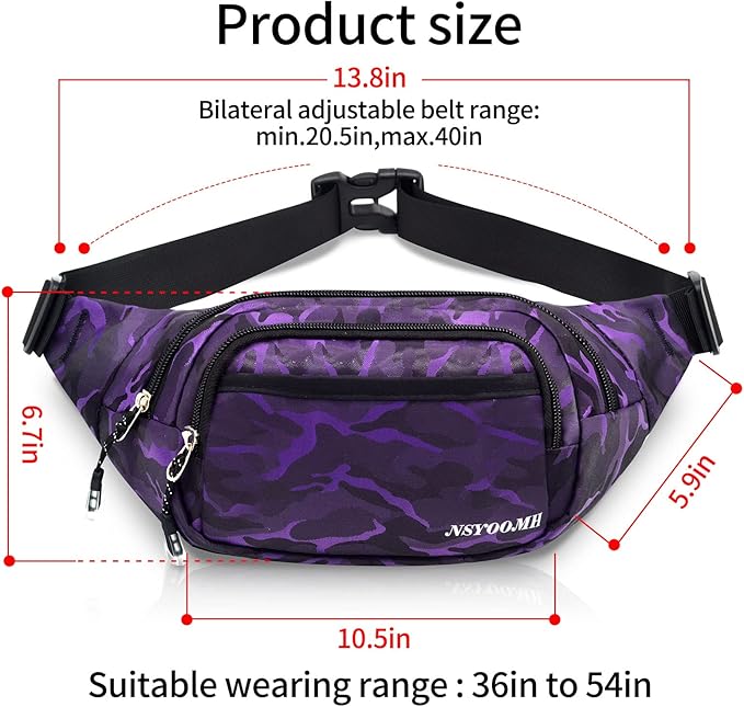 Large Fanny Packs for Women, 5-Zipper Pockets Water Resistant Practical Waist Bag, for Outdoor Running Cycling Sports Travel Hiking Camping Fishing Fashionable Camo Belt Bags