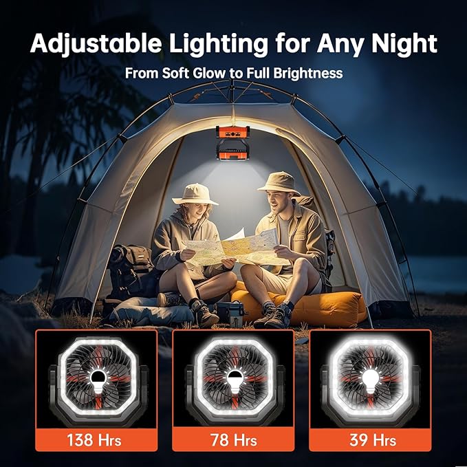 YOGIN Rechargeable Battery Powered Fan, 20000mAh Portable Camping Fan with 360° Adjustable Head, 4 Speeds & LED Light, Quiet Outdoor Fan for Tent, Desk, Travel, Home Use