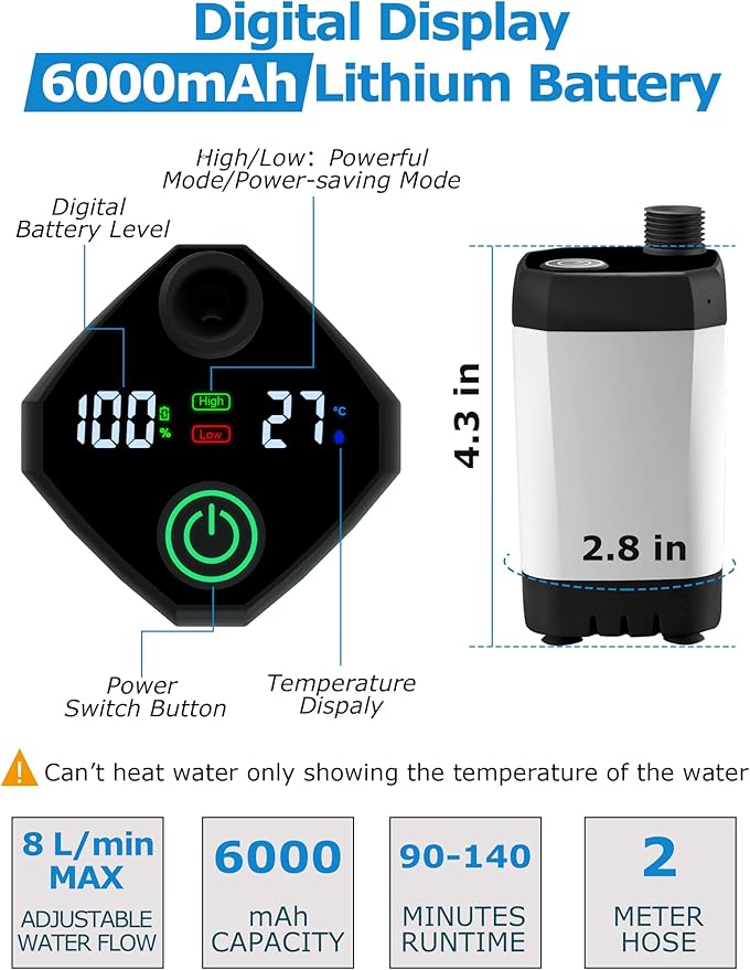 innhom Portable Camping Shower, 6000mAh Rechargeable Camp Shower Pump with LED Display, 2 Mode Electric Portable Shower for Camping, Hiking, Travelling, Washing