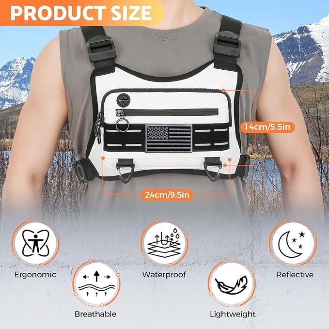 Sports Chest Bag For Men Women, Water Resistant Lightweight Front Chest Pack, Running Vest Bag With Built-In Phone Holder & Extra Storage For Workouts, Running, Cycling (White)