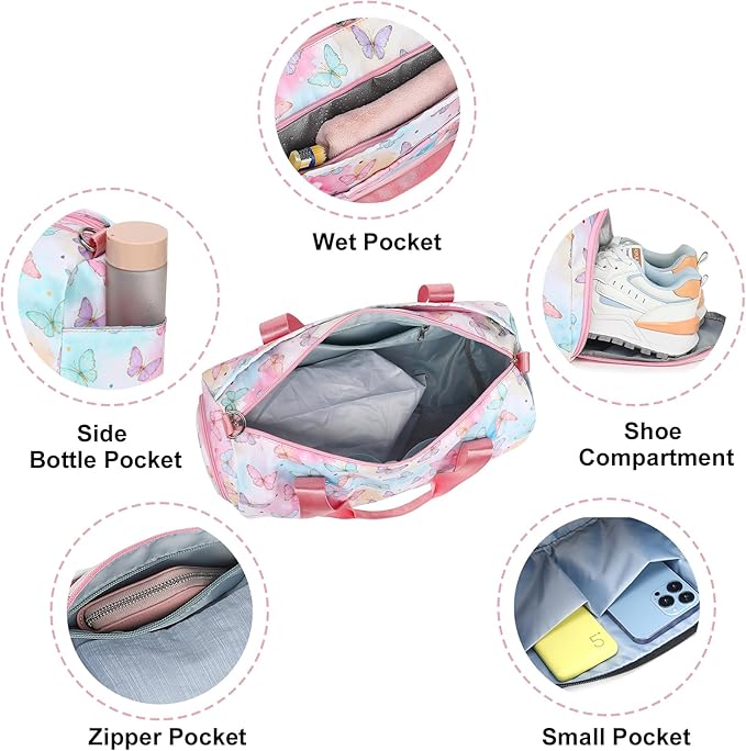 Butterfly Girls Sports Duffle Bag with Wet Pocket, Shoe Compartment & Overnight Travel Bag (Pink)