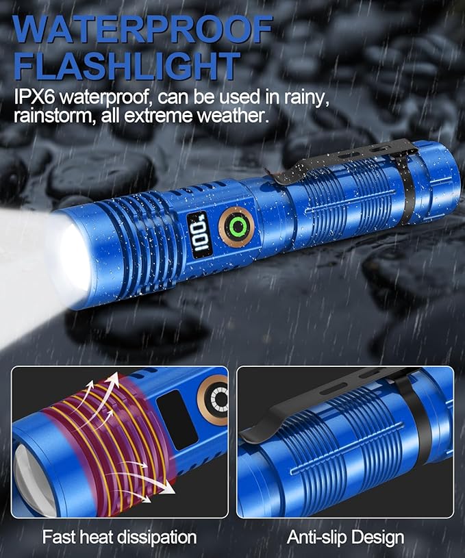 Rechargeable Flashlight High Lumens-12000LM Super Bright Magnetic Flash Light with Power Digital Display,3280Ft Long Range,Dimmable,Waterproof,Pocket Tactical LED Flashlights for Emergency, Blue, 1PC