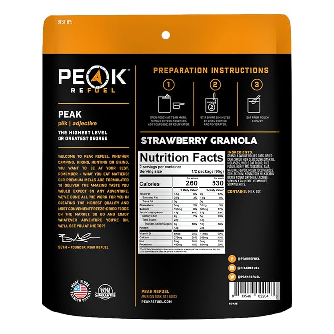 Peak Refuel Strawberry Granola 2-Pack | Freeze Dried Backpacking, Camping & Emergency Prep Food | 2 Servings Pouches
