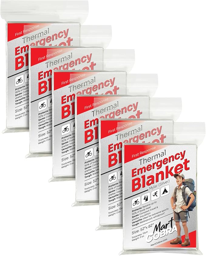 Emergency Blankets for Survival Gear and Equipment x6, Space Blanket, Mylar Blankets, Thermal Blanket, Survival Blanket, Survival Kits Emergency Kit, Emergency Supplies, Foil Blanket Camping Shelter