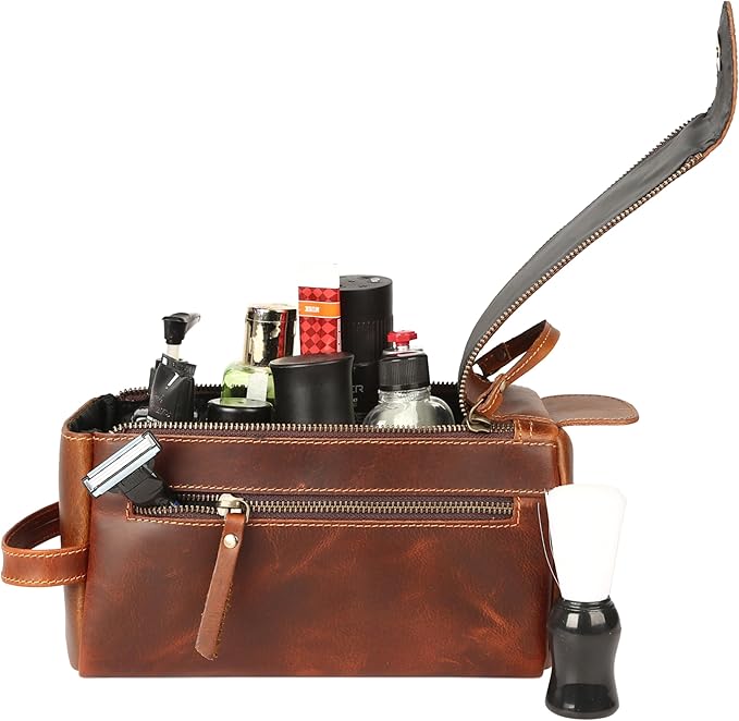 KomalC Premium Buffalo Leather Unisex Toiletry Bag Travel Dopp Kit
