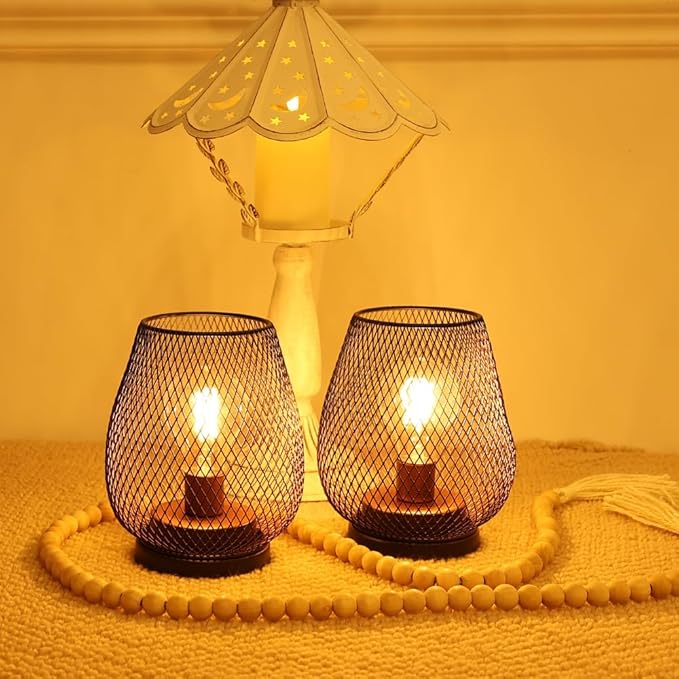 DECORKEY Set of 2 Rechargeable LED Table Lantern, Brown Metal Cage Cordless Lamps with LED Bulb,Vintage Decorative Outdoor Lantern for Weddings, Parties, Patio, Events for Indoors Shelf Decor