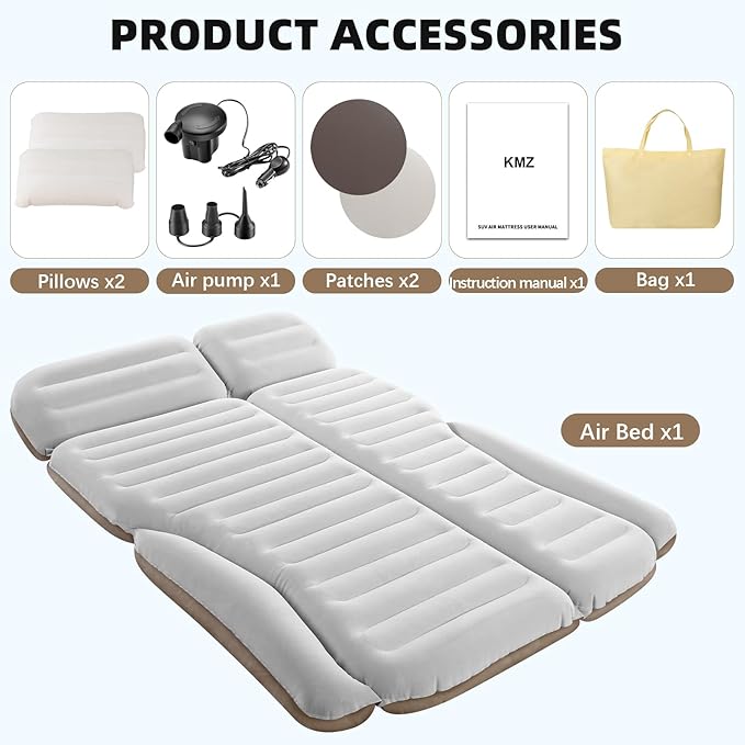 KMZ SUV Air Mattress Double Sided Thickened Flocking Car Bed – Portable Inflatable Mattress Pad for Camping & Travel with 2 Pillows & Electric Pump (Off-White and Coffee)
