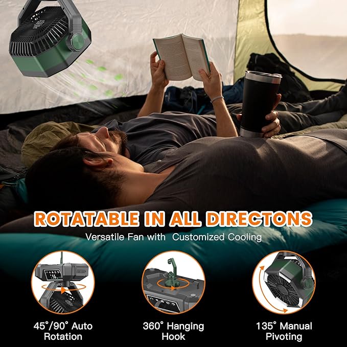 Camping Fan Rechargeble - Portable Battery Powered Fan 20000mAh with LED Lantern Light, Oscillating Tent Fan with Remote, USB Output, Dual Motor, Camping Fans for Tents, Travel, Home (Forest Green)