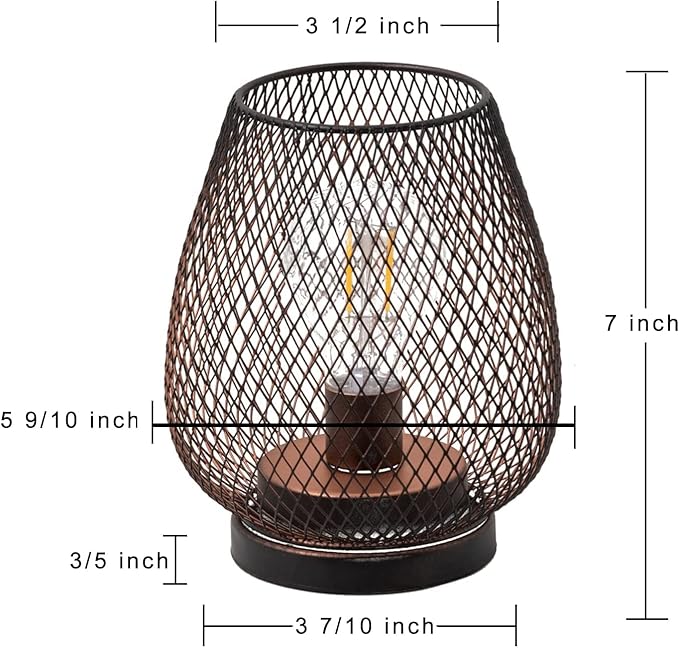 DECORKEY Set of 4 Battery Operated Lamp LED Table Lantern, Brown Metal Cage Cordless Lamps with LED Bulb,Vintage Decorative Outdoor Lantern for Weddings, Parties, Patio, Events for Indoors Shelf Decor