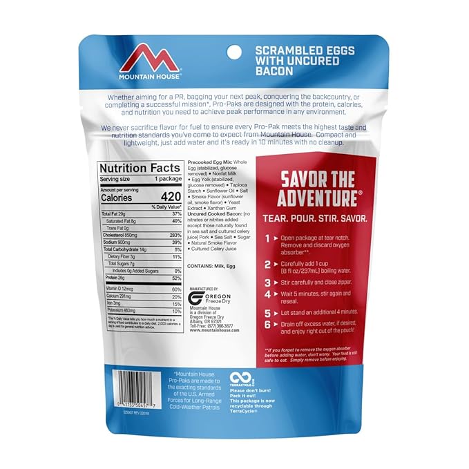 Mountain House Scrambled Eggs with Uncured Bacon Pro-Pak | Freeze Dried Backpacking & Camping Food | Gluten-Free | 1 Serving