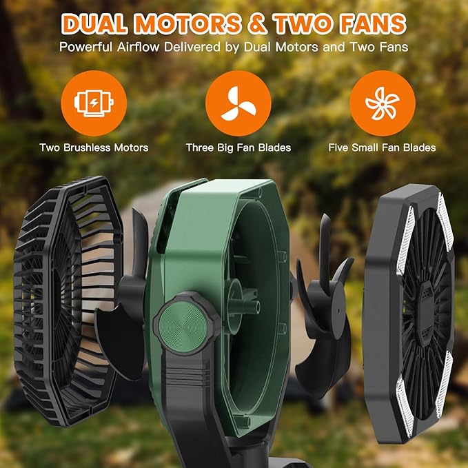 Camping Fan Rechargeble - Portable Battery Powered Fan 20000mAh with LED Lantern Light, Oscillating Tent Fan with Remote, USB Output, Dual Motor, Camping Fans for Tents, Travel, Home (Forest Green)