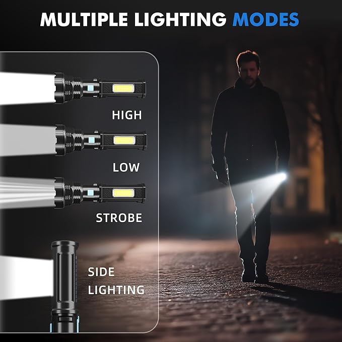 Solar/Rechargeable LED Flashlights, Multi Function Flashlight with 2000 mAh Battery, Emergency Strobe Light, Waterproof, Fast USB Charging, Survival Gear and Supplies for Camping, 4 Pack