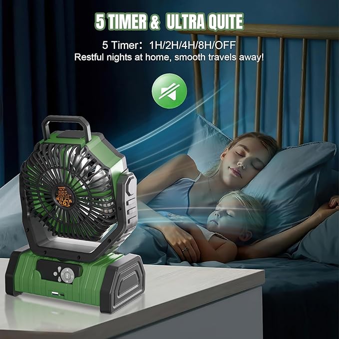 KEPEAK Rechargeable Camping Fan with LED Light, 20000Ah Battery Operated Powered Fan, 72H Runtime, Remote Control, 5.3m Airflow, Ultra-Quiet Portable Fan for Tents, Outdoor, Camping(Green)