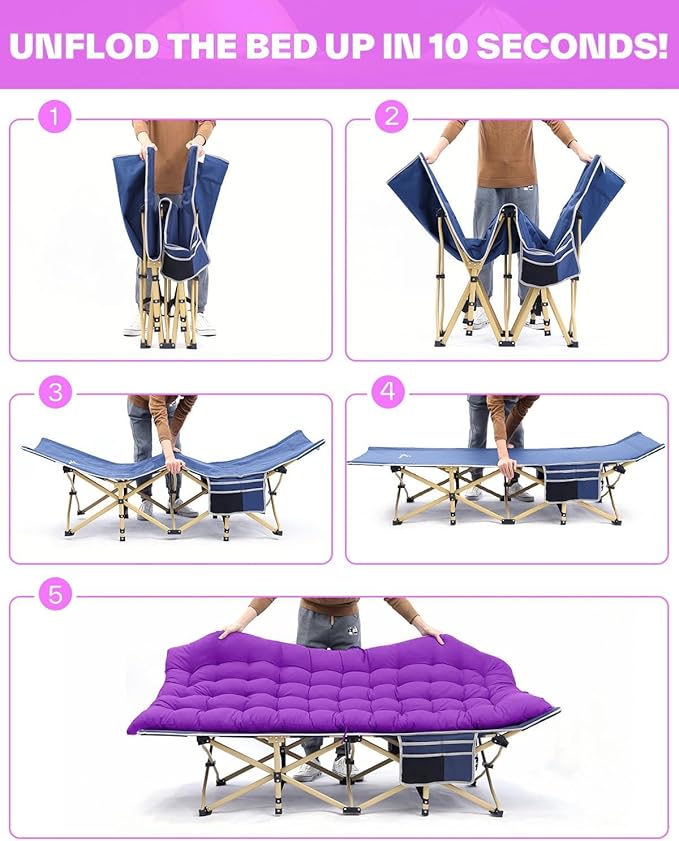 Sportneer Camping Cot, Camping Cots for Adults with Mattress Max Load 450 LBS Heavy Duty Portable Sleeping Folding Bed with Padded for Camping Tent Office Outdoor Travel Sleep Over (1, Blue+Purple)