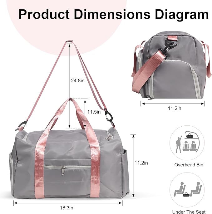 Duffel Bag for Gym Sports Workout Travel, Lightweight Waterproof Tote Bag with Shoes Compartment Wet Pocket for Women Grey with Pink Handles
