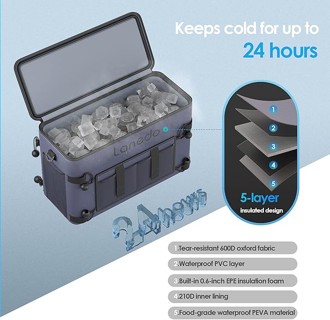 Deep Freeze Cooler Soft Sided Cooler Bag, 34 Can Collapsible Insulated Ice Chest, Large Leakproof Camping & Travel Cooler for Kayaking & Beach