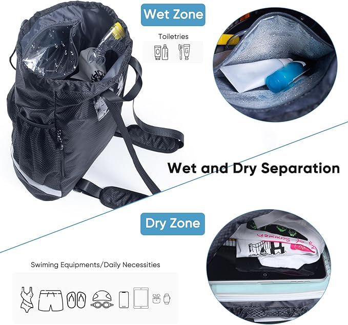 Swim Beach Sports Drawstring Backpack - Gym Bag with Shoes Compartment and Waterproof Pocket for Gym Accessories, Swim Essentials - Kids Mens Beach Workout Bag