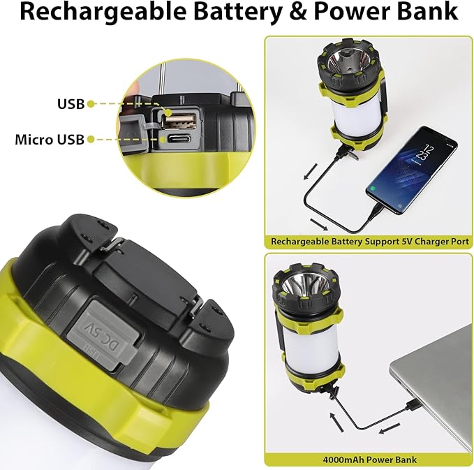 3 Pack Camping Lantern, Outdoor LED Camping Light, Rechargeable Flashlights with 1000LM, 6 Modes, 4000mAh Power Bank, IPX5 Waterproof Portable Emergency Camp Light for Hurricane Hiking - Green