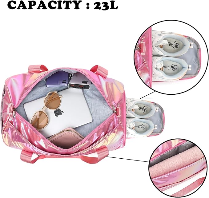 Gym Bag Sports Duffle Bag with Wet Pocket Weekender Overnight Bag with Waterproof Shoe Pouch and Air Hole for Girls Kids Women Travel Foldable Bag