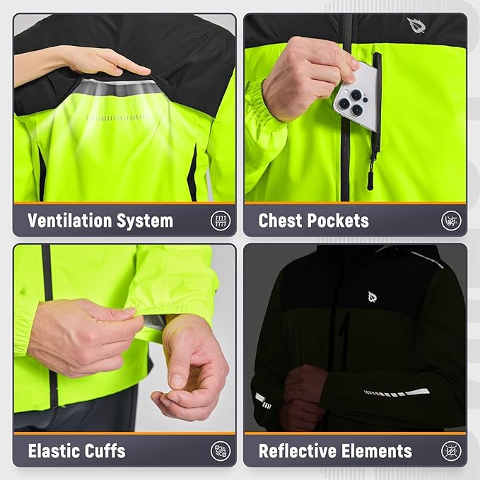 baleaf Men's Rain Jacket Waterproof Windbreaker Running Cycling Golf Hiking Gear Hood Lightweight Reflective Packable