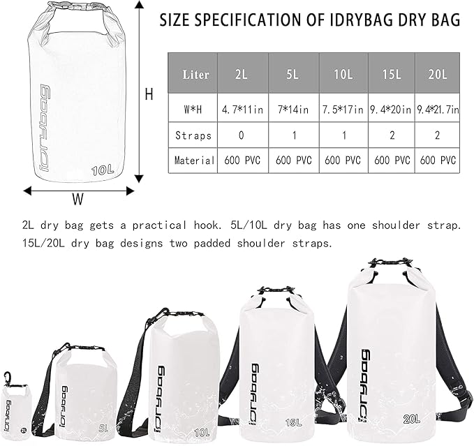 IDRYBAG Dry Bags for Kayaking Waterproof 2L/5L/10L/15L/20L, Small Dry Bag Waterproof Floating, Dry Sack Waterproof Bag for Paddleboarding Travel
