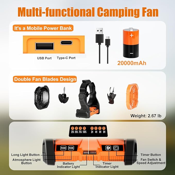 Sugoiti Portable Camping Fan 20000mAh Rechargeable Battery, 4-Speed Quiet Cooling Blower with LED Lantern, 4 Timing, Hanging Hook for Outdoor Picnic Tent Beach Fishing Orange