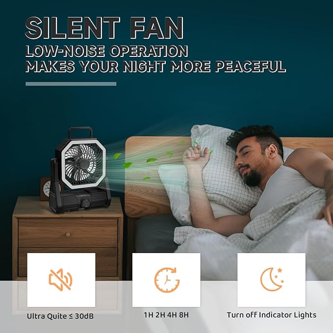 SmartTail Portable Camping Fan, 20000mAh Battery Powered Fan with LED & Hook, Stepless Speed & Timing Rechargeable Fan, Cordless Desk Fan for Camping, Tent, Fishing, Travel, Office-black