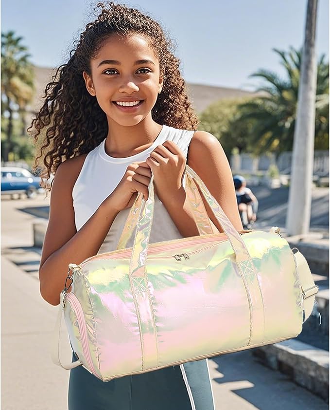 Gym Sports Duffle With Wet Pocket, Dance and Overnight Bag With Waterproof Shoe Pouch and Air Hole for Girls, Kids, Women - Travel Foldable