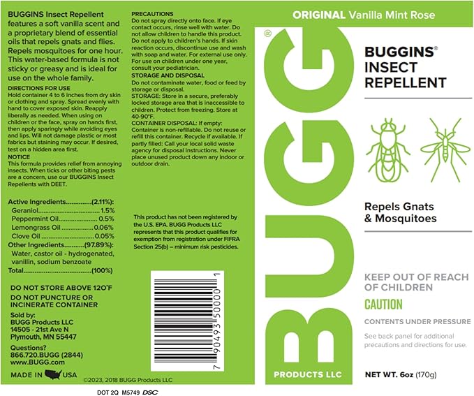 BUGGINS Original - Insect Repellent - Mosquitoes & Gnats, DEET Free, Non-Greasy - 6 oz Continuous Spray Can
