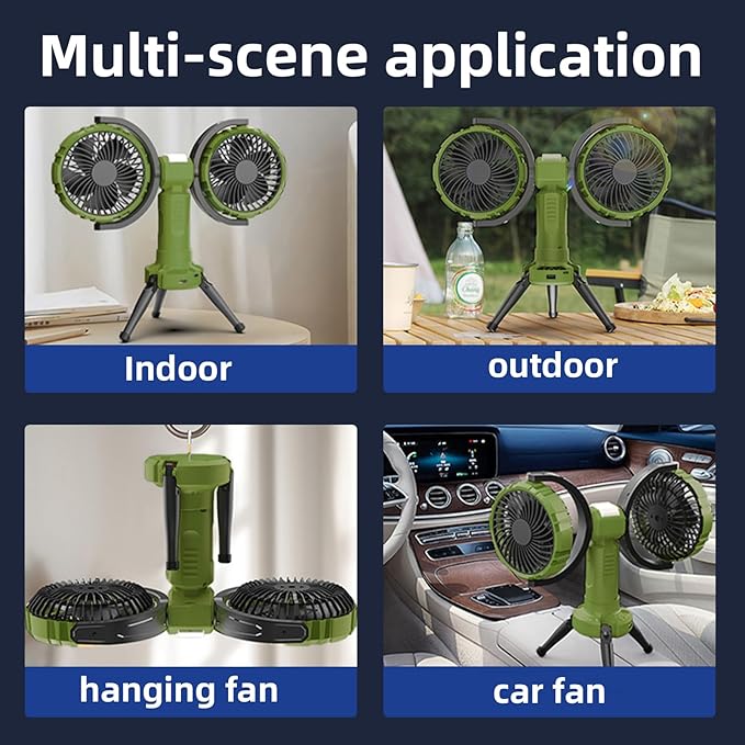 3 in 1 Camping Fan with LED Light,Hanging Hook for Tent,8000mAh Rechargeable Battery Powered Portable Fans,360°Head Rotation,4 Speeds,Camping Essentials for Indoor Outdoor Travel BBQ Fishing