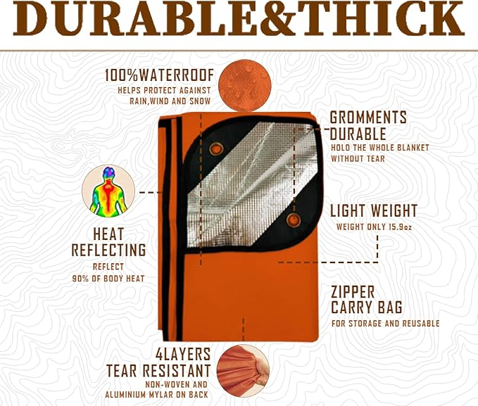 Heavy Duty Survival Blanket -Multifunctional Reflective Tarp Thermal Blanket - 60" x 83" Waterproof Sandproof for Camping Hiking Outdoors Multifunctional Emergency Blanket…