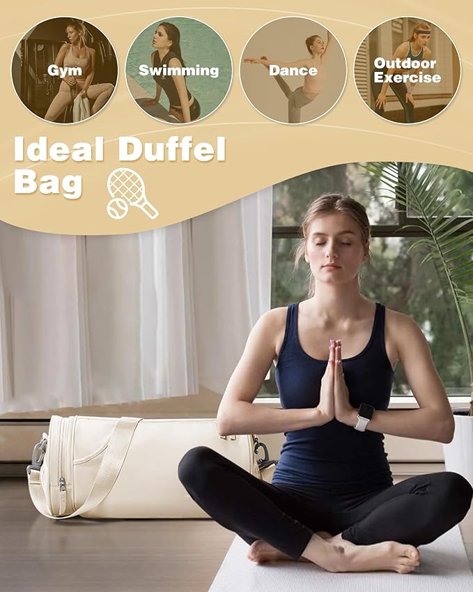 Small Women's Workout Bag - Waterproof Mini Duffle Gym Bag with Wet Pocket - Carry On Weekender for Dance, Swimming, Yoga, Fitness - White