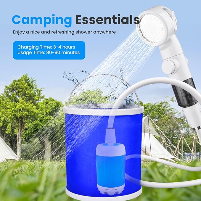 Portable Camping Shower Outdoor Camp Shower Pump with Portable Bucket,Upgrade Rechargeable Electric Shower Pump with Intelligent Multiple Spray Modes for Camping, Hiking, Traveling,RV