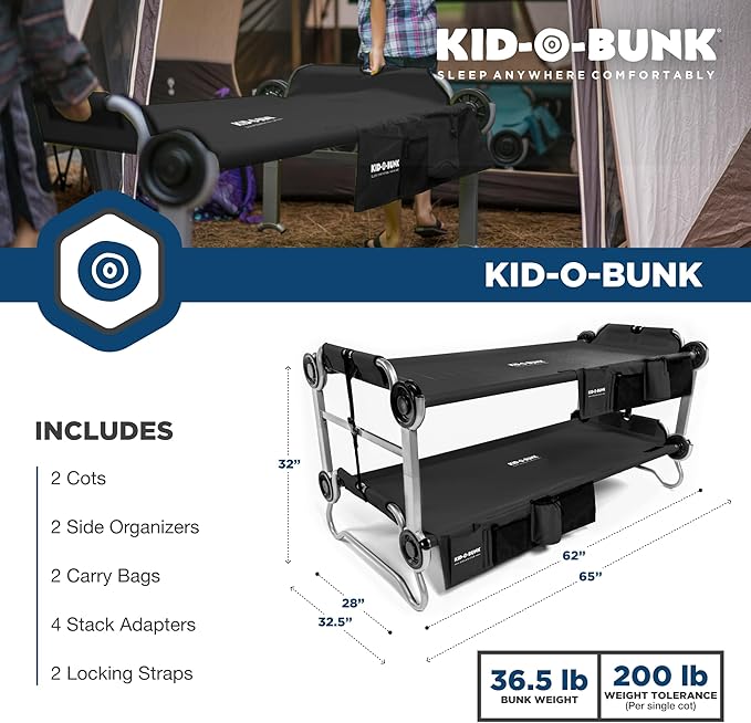 Disc-O-Bed Youth Double Cot Kid-O-Bunk, Modular for Bunk Beds, Dual Cots, or Bench with 2 Carry Bags for Portable Transport