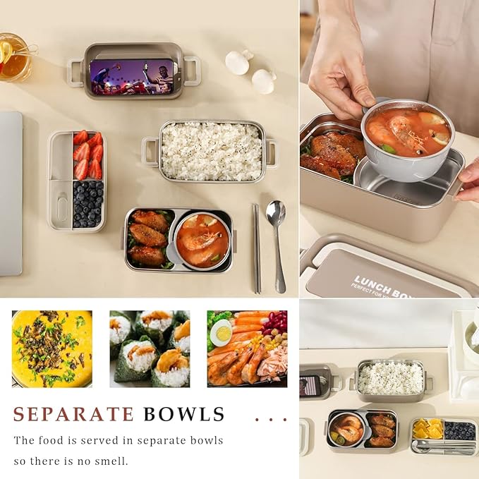 Bento Box Adult Lunch Box, Portable Insulated Lunch Containers Set, 2-Tier Stackable Stainless Steel Bento Boxes with Thermal Lunch Bag Soup Bowl, Leakproof Food Container