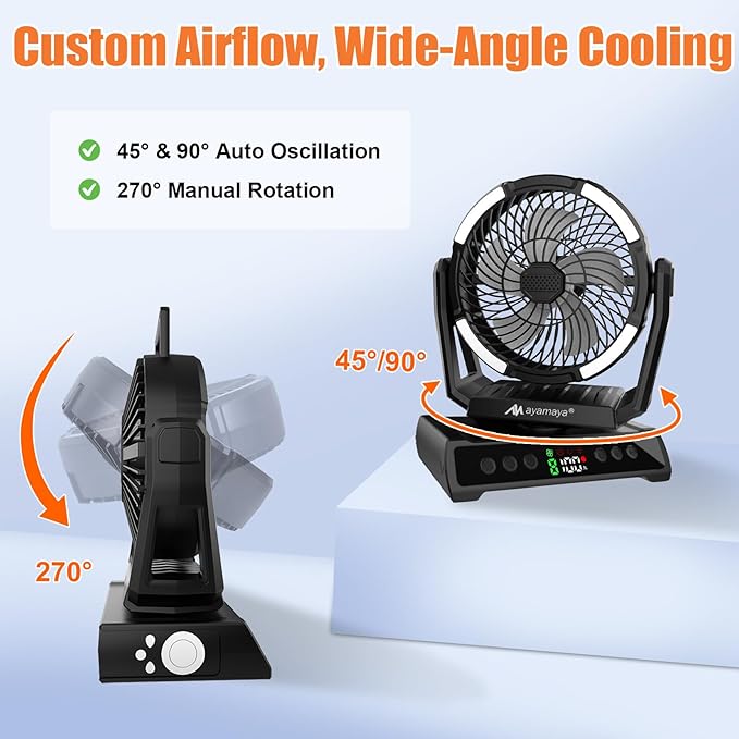 ayamaya Camping Fan with Light, 40000mAh Rechargeable Tent Fan with Remote, 9 Speeds Battery Powered Fans with Digital Display, Timer, Auto Oscillation & Hook for Camping, Outdoor Tents, Hurricane