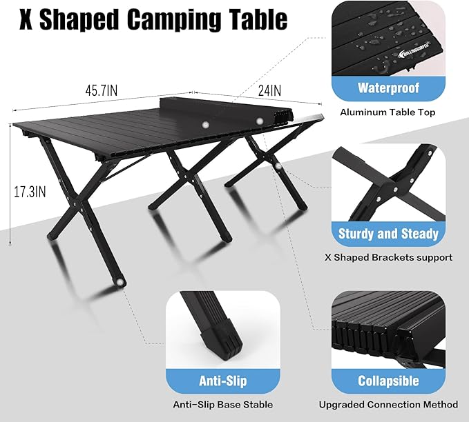 Folding Camping Table, Lightweight Roll-Up Table Aluminum Low Portable Picnic Table with Easy Carrying Bag for Outdoor, Beach, Picnic, Backyards, BBQ and Party, 45.7"L x 24"W x 17.3"H