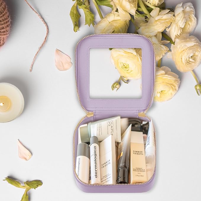 Prite Small Makeup Bag for Women Portable Clear Makeup Bag Cute Mini Waterproof Travel Cosmetic Bag with Gold Zipper for Car Essentials(Violet)