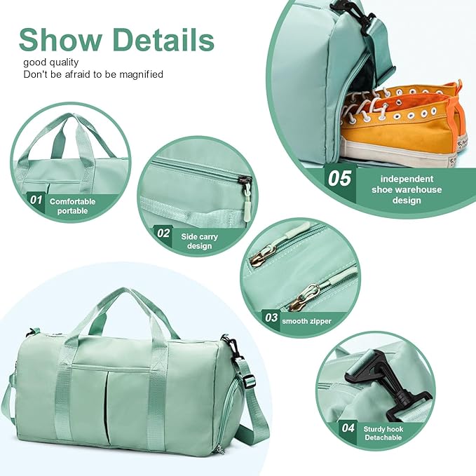 ZGWJ Sports Gym Bag with Wet Pocket & Shoes Compartment, Waterproof Shoulder Weekender for Women and Men Swim Travel Lightweight easy Carry on Green