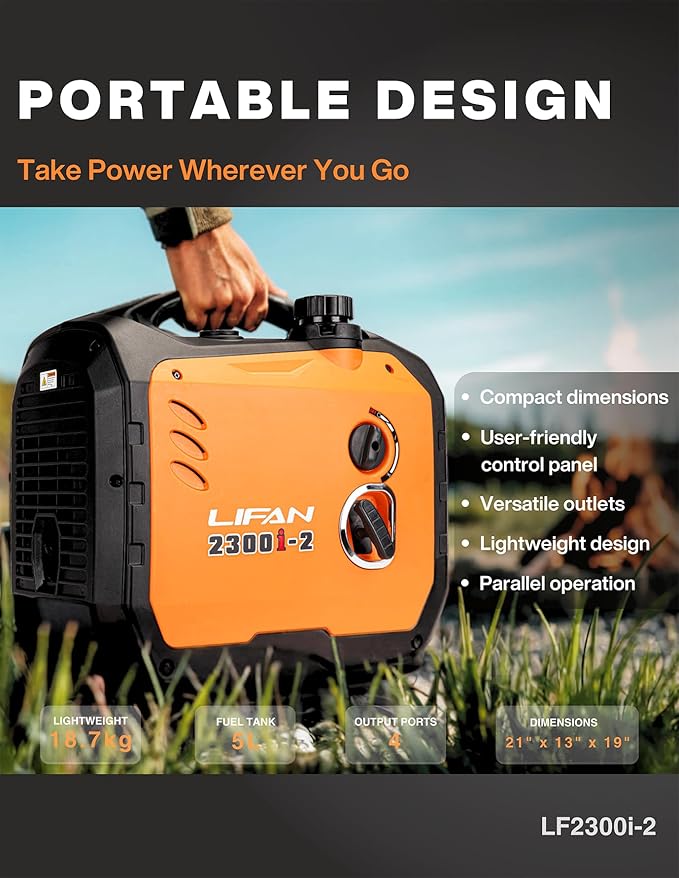 LIFAN 2300W Gasoline Inverter Generator - Portable, Quiet & Fuel-Efficient Power Solution for Home, Camping, RV & Emergency Use with Parallel Capability