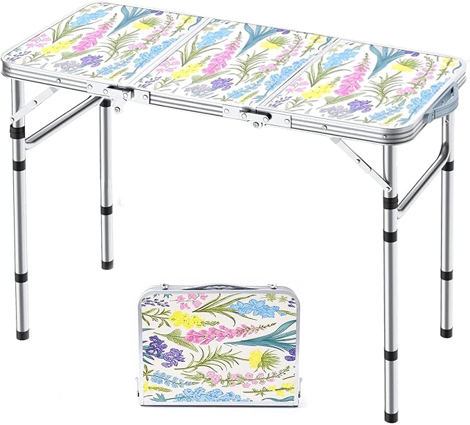 Folding Camping Table 3ft Portable Pinic Table Adjustable Height Small Card Table Aluminum Foldable Lightweight with Carry Handle for Outdoor Indoor Hiking Camp BBQ Beach (Blooming Floral)