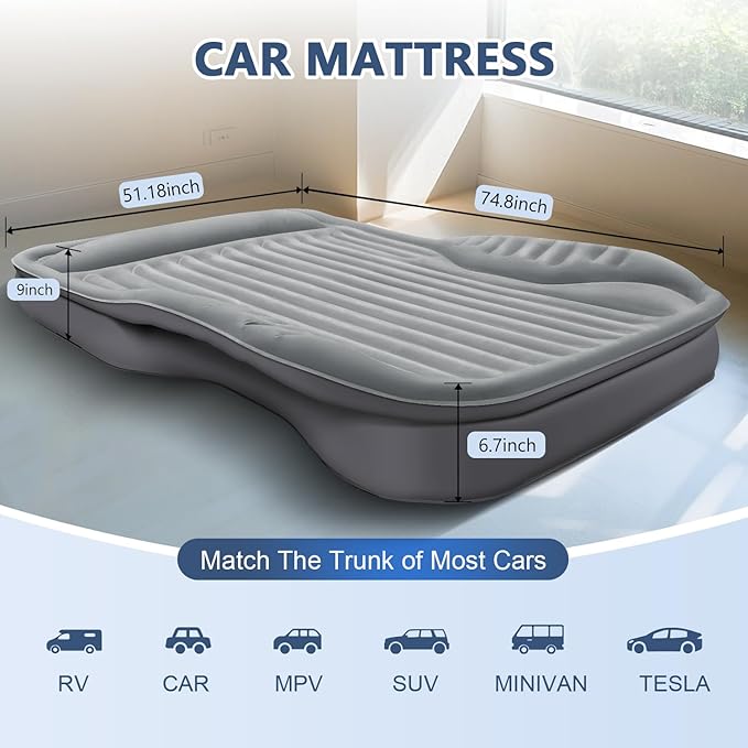 Self-Inflating SUV Air Mattress with Built in Electric Pump,car air Mattress with Pillow for Trunk,Portable car Mattress for Travle and Camping, Gray