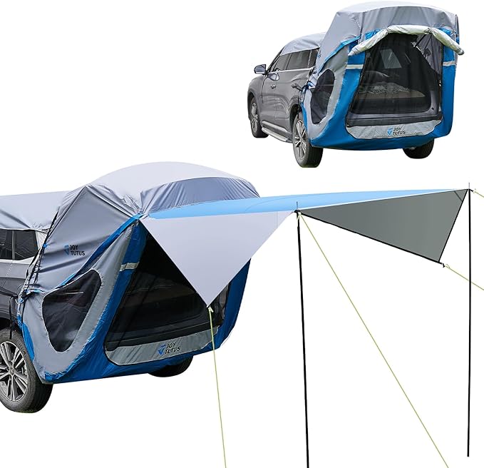 JOYTUTUS SUV Tailgate Tent with Three Sides Awning and Poles, Water Resistant SUV Camping Tent with Car Roof Cover, Outdoor Travel Preferred, Universal Fit Most SUV, Car, Blue