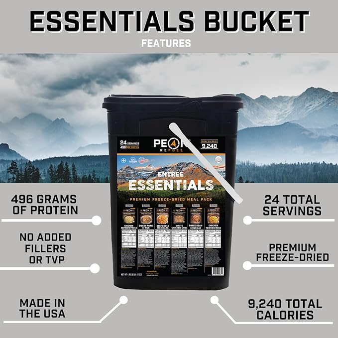 Peak Refuel Essentials Bucket | 100% Real Meat | Premium Freeze-Dried Meals for Backpacking, Camping & Survival | 24 Servings | MRE Emergency Food