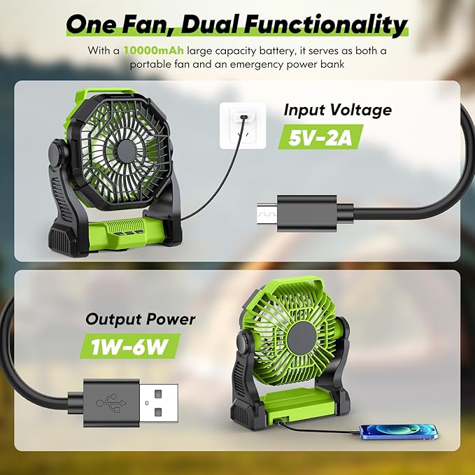 Battery Powered Fan Rechargeable, Real 10000mAh Portable Camping Fans for Tents, 10-Inch Cordless Battery Fans with LED Lights, Quiet Outdoor Fan for Travel, Hurricane, Power Outage, Green
