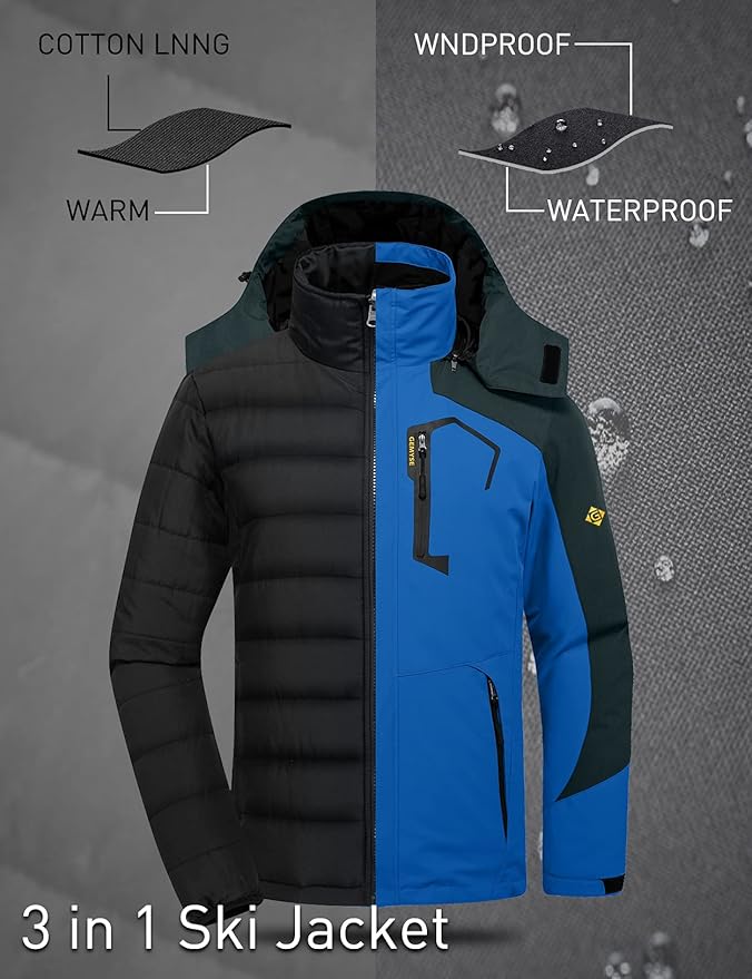 GEMYSE Men's Waterproof 3-in-1 Ski Snow Jacket Puffer Liner Insulated Winter Coat