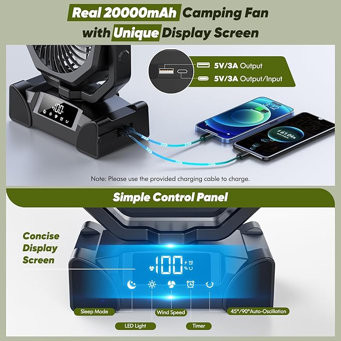 Portable Rechargeable Fan, 20000mAh Battery Powered Fan with LED Light, Camping Fans for Tent Remote Control, 5 Speed & Hook, 10-inch Outdoor Cordless Fans for Travel,Home, Beach, Power Outage - Black